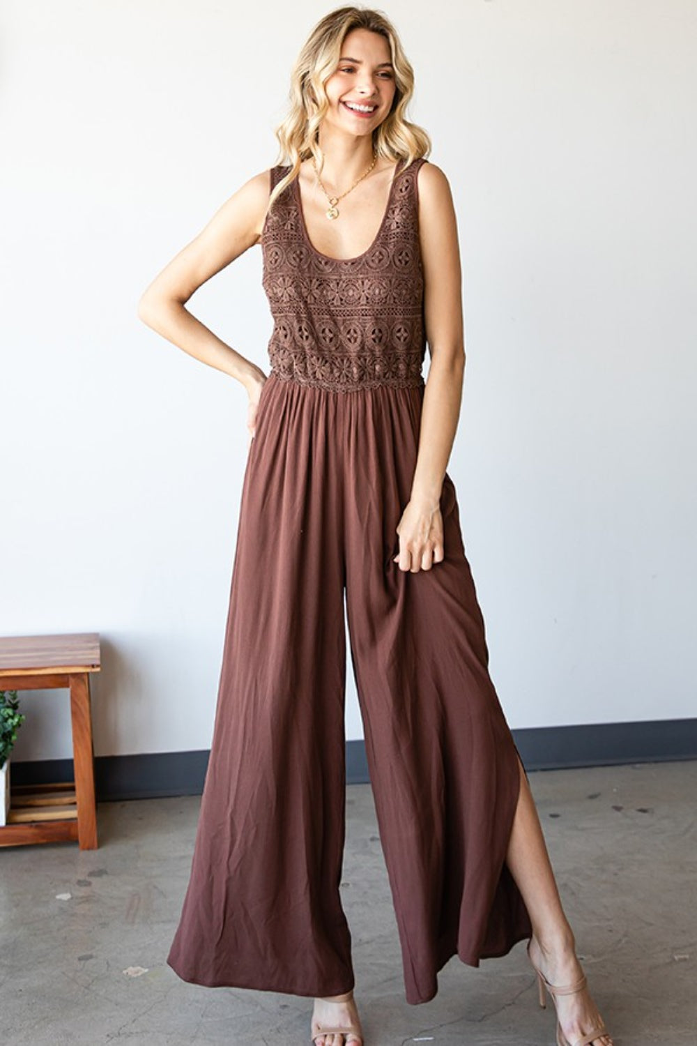 First Love Tie Back Sleeveless Slit Wide Leg Jumpsuit - The Boutie Shop