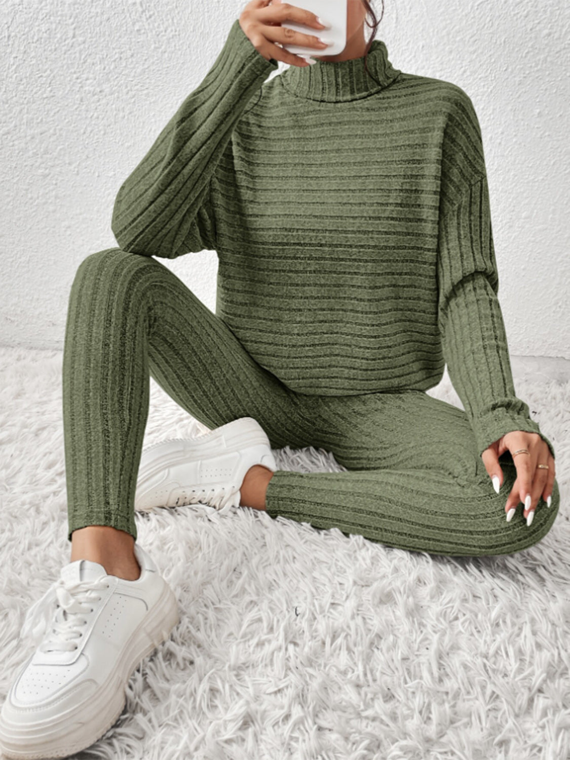 Ribbed Turtleneck Top and Pants Set - The Boutie Shop