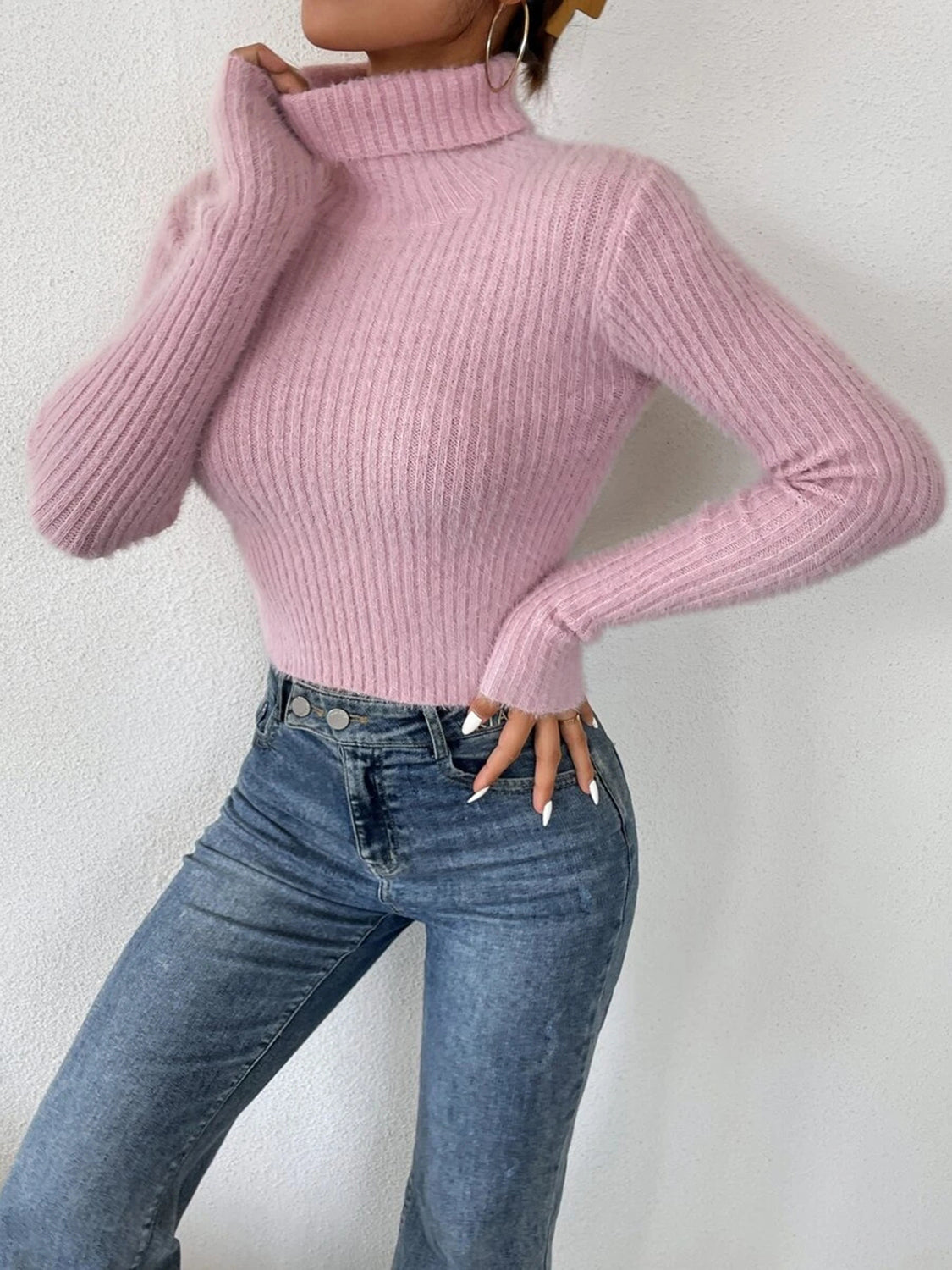 Ribbed Turtleneck Long Sleeve Sweater - The Boutie Shop