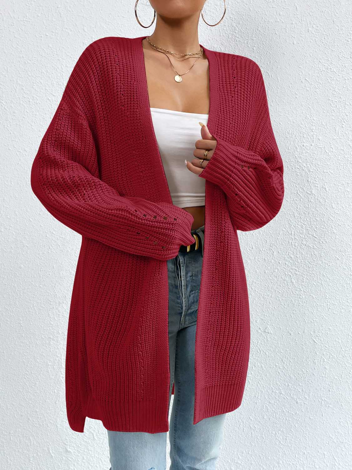 Open Front Dropped Shoulder Slit Cardigan - The Boutie Shop