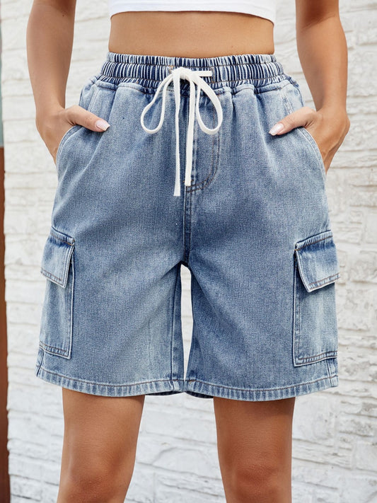 Drawstring Denim Shorts with Pockets - The Boutie Shop