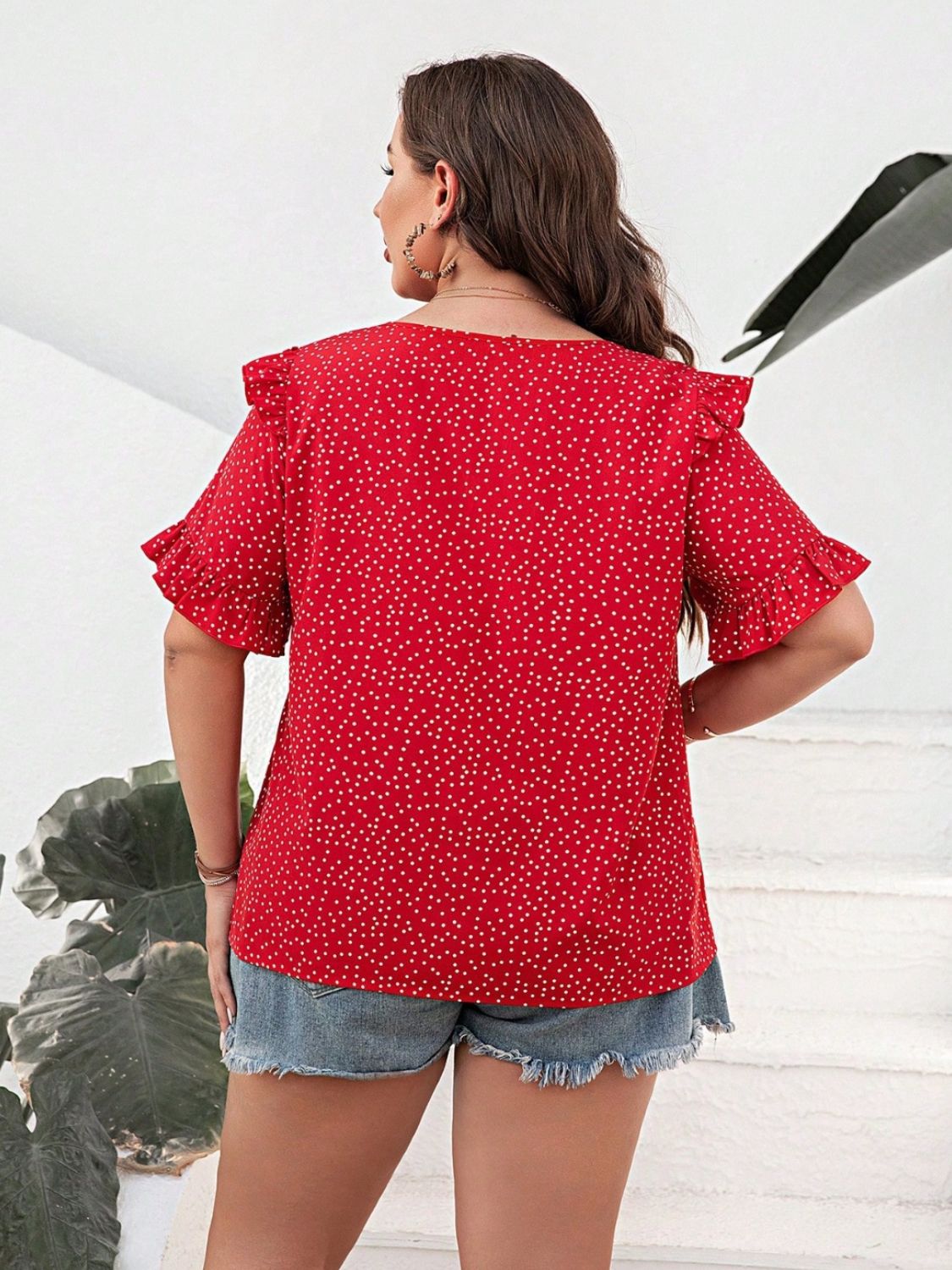 Plus Size Polka Dot Notched Flounce Sleeve Blouse - The Boutie Shop