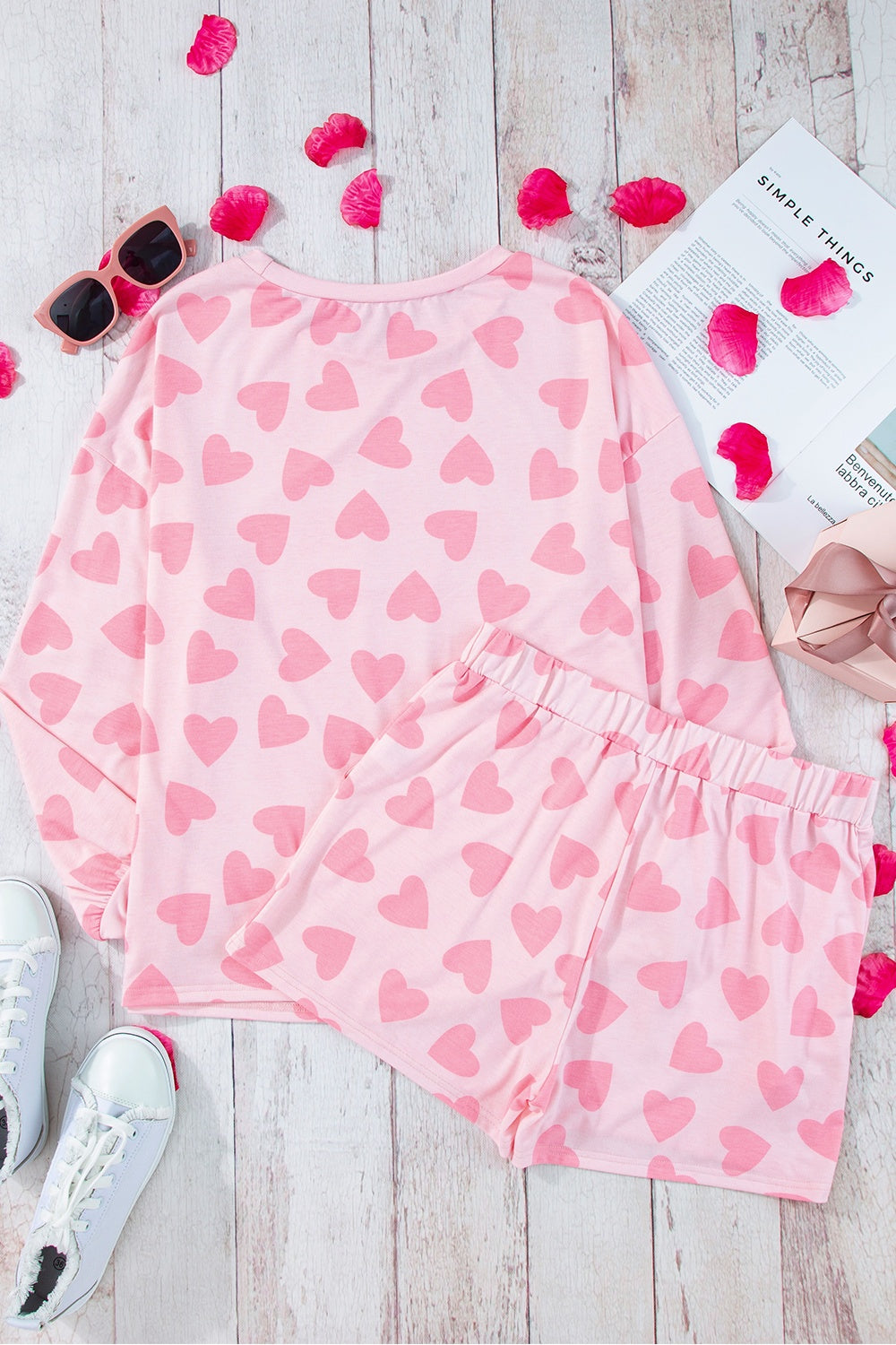 Heart Print Round Neck Top and Shorts Lounge Set - The Boutie Shop