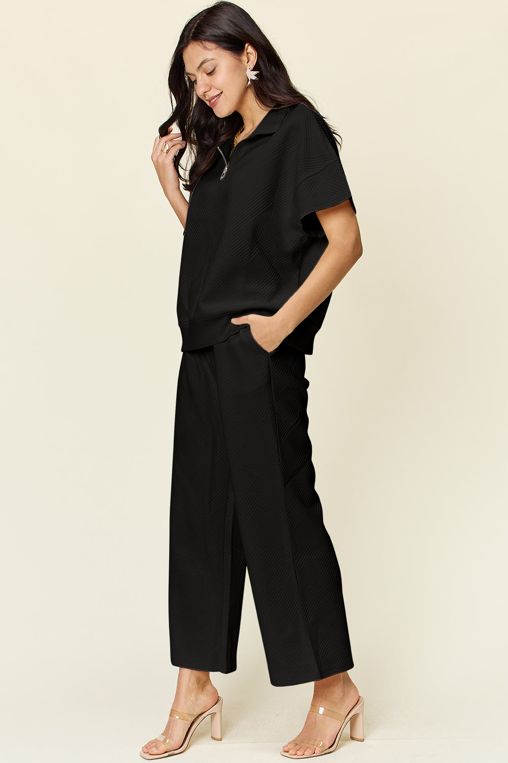 Double Take Full Size Texture Half Zip Short Sleeve Top and Pants Set - The Boutie Shop