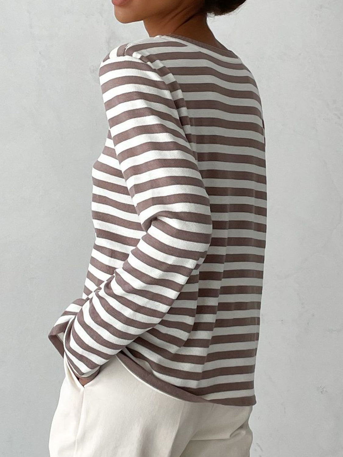 Striped Round Neck Long Sleeve Sweater - The Boutie Shop