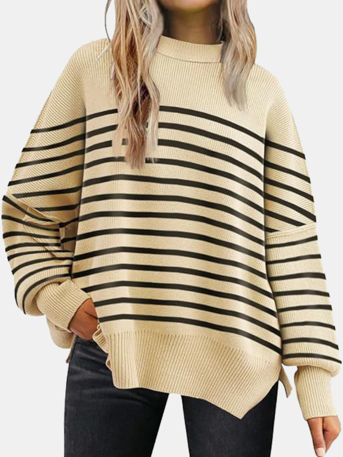 Round Neck Drop Shoulder Slit Sweater - The Boutie Shop