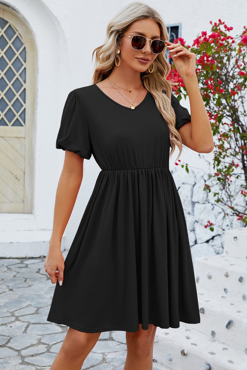 V-Neck Balloon Short Sleeve Dress - The Boutie Shop