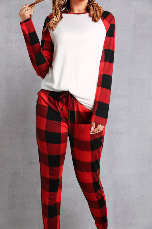 Plaid Round Neck Top and Pants Set - The Boutie Shop