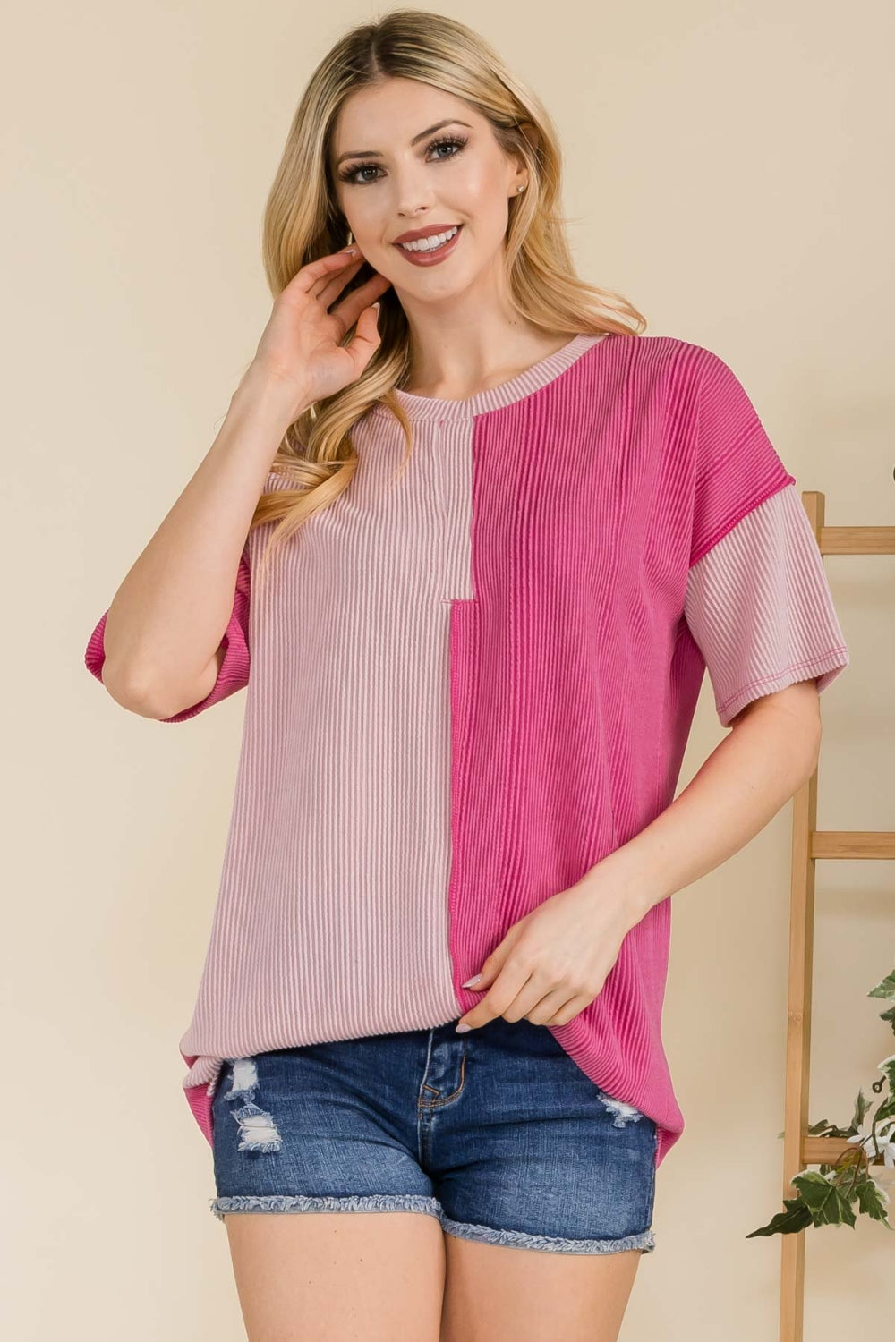 Celeste Full Size Ribbed Color Block Short Sleeve T-Shirt - The Boutie Shop