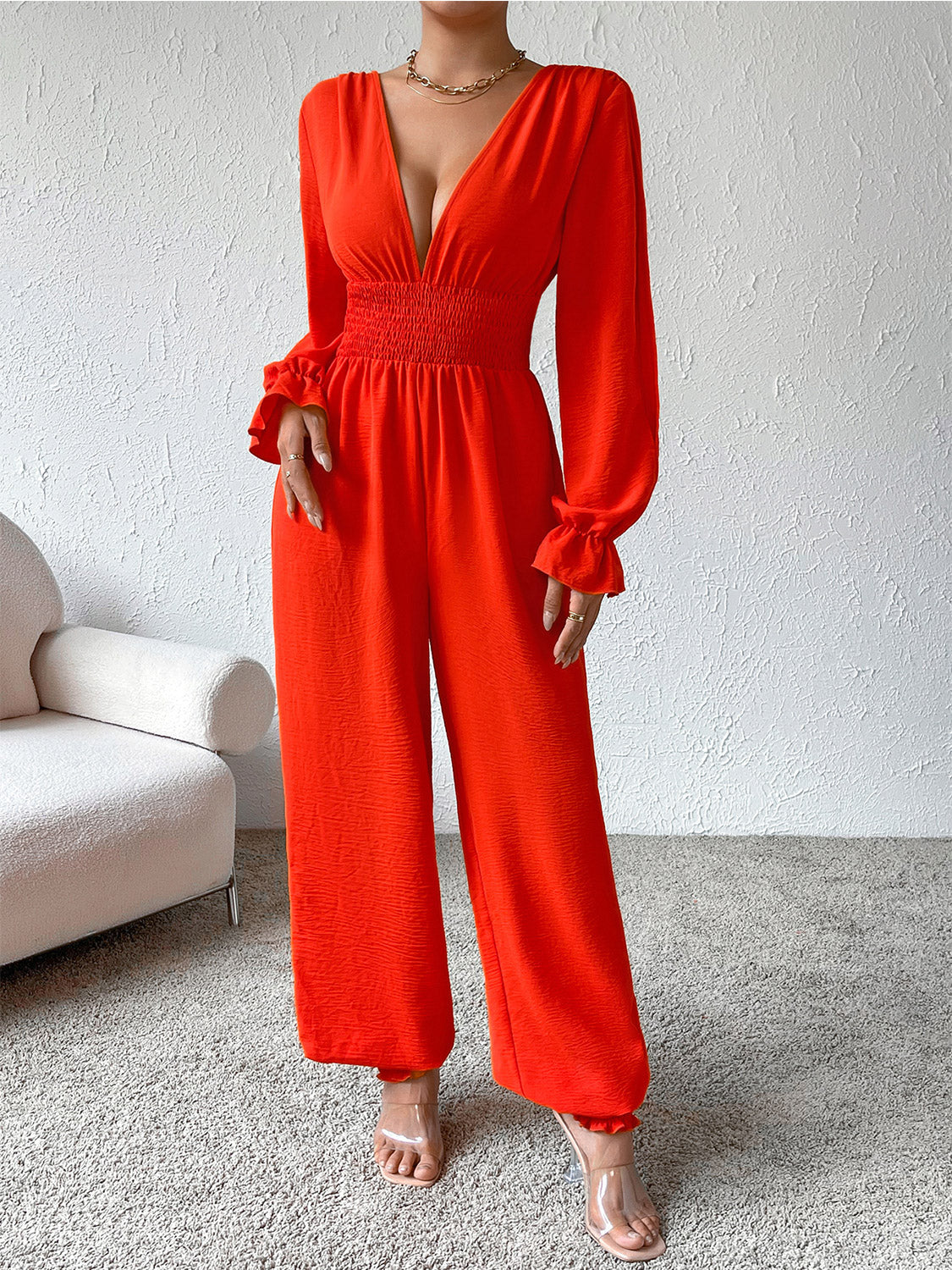 Honey Plunge Smocked Flounce Sleeve Jumpsuit - The Boutie Shop