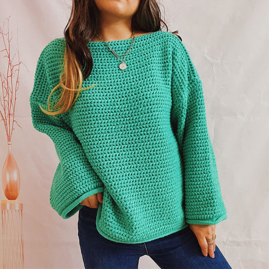 Openwork Boat Neck Long Sleeve Sweater - The Boutie Shop