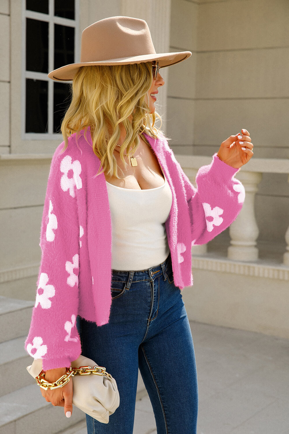 Angel Wings Floral Open Front Fuzzy Cardigan - The Boutie Shop