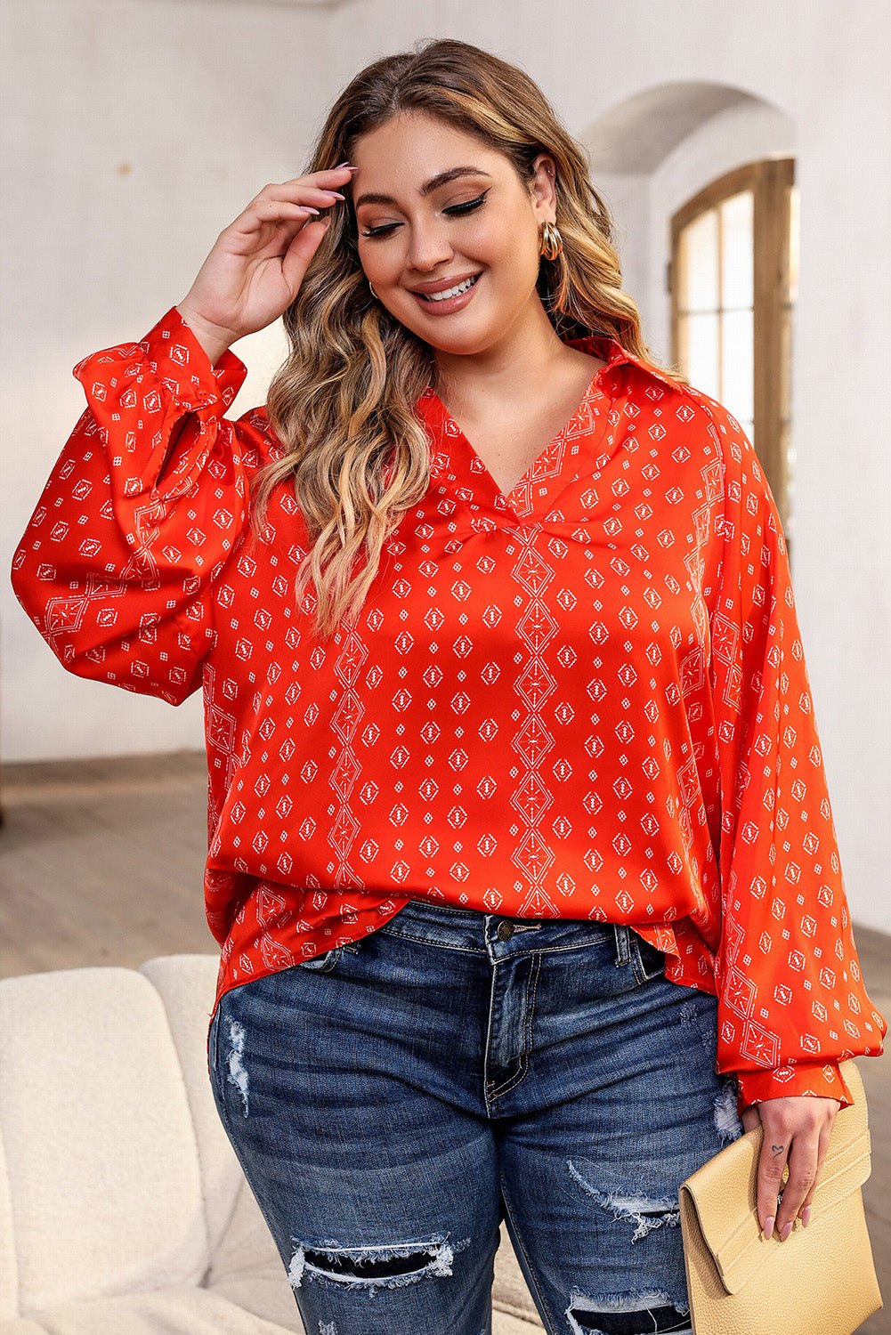 Plus Size Printed Johnny Collar Long Sleeve Blouse - The Boutie Shop