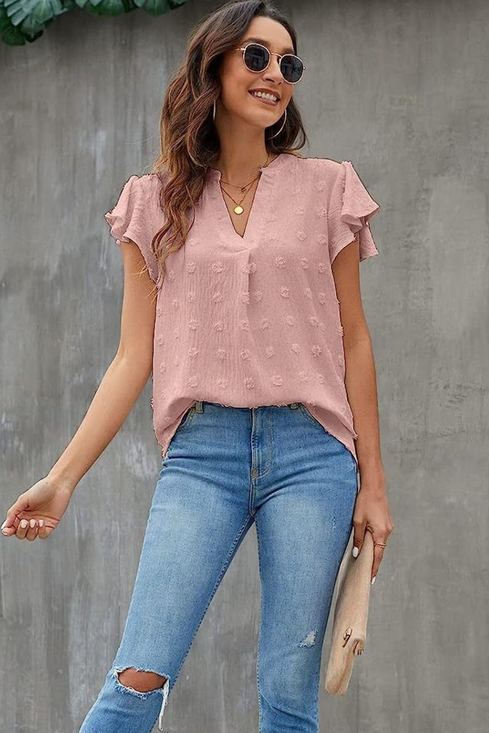 Swiss Dot Notched Cap Sleeve Blouse - The Boutie Shop