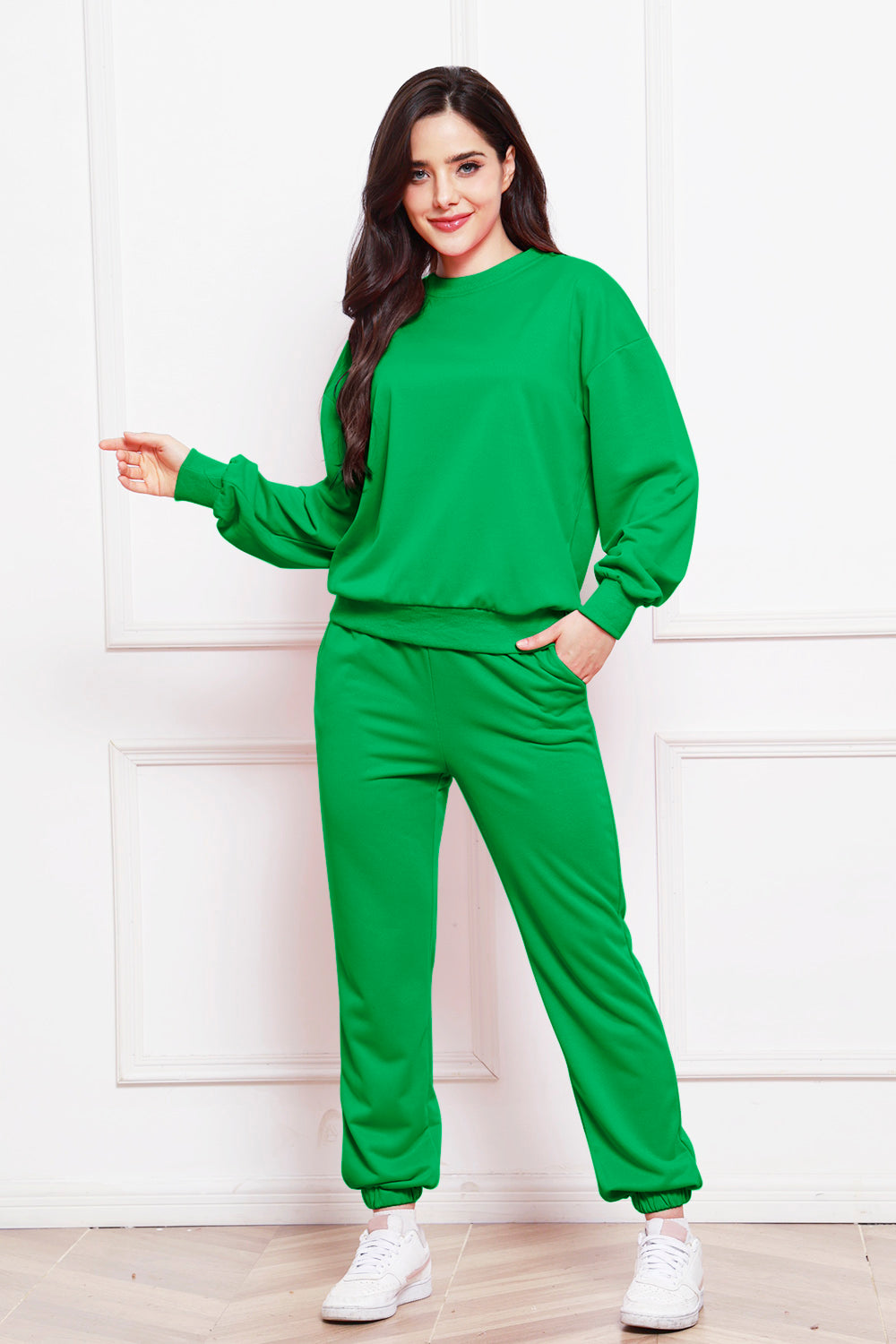 Round Neck Long Sleeve Sweatshirt and Pants Set - The Boutie Shop