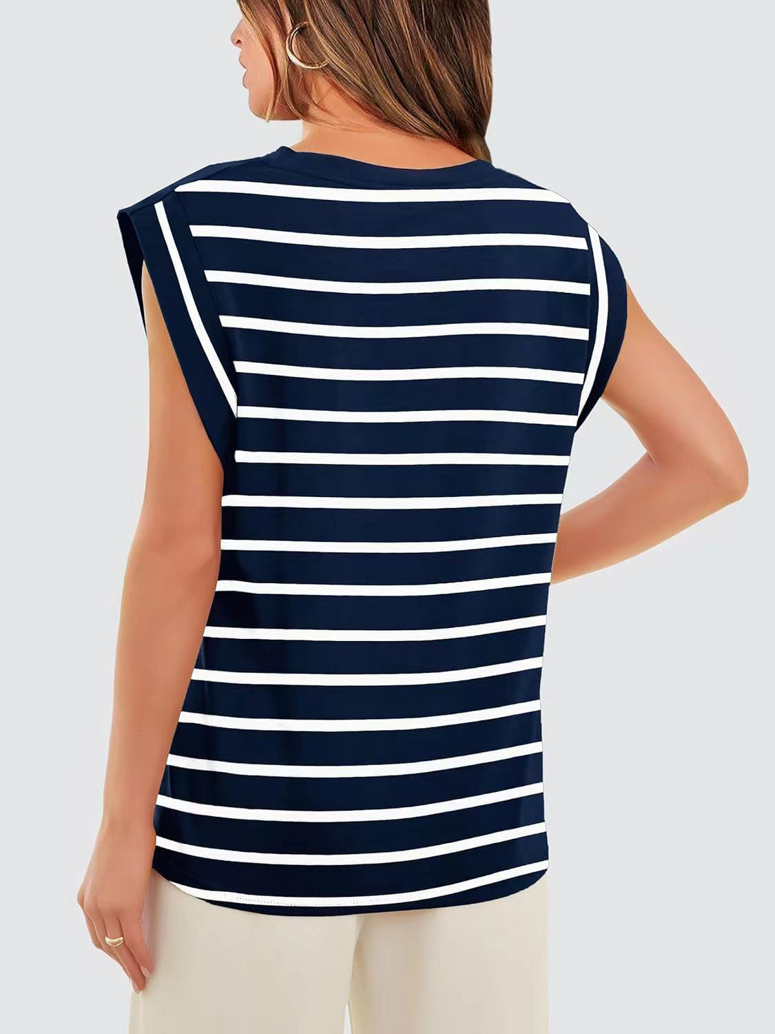 Striped Round Neck Cap Sleeve T-Shirt - The Boutie Shop