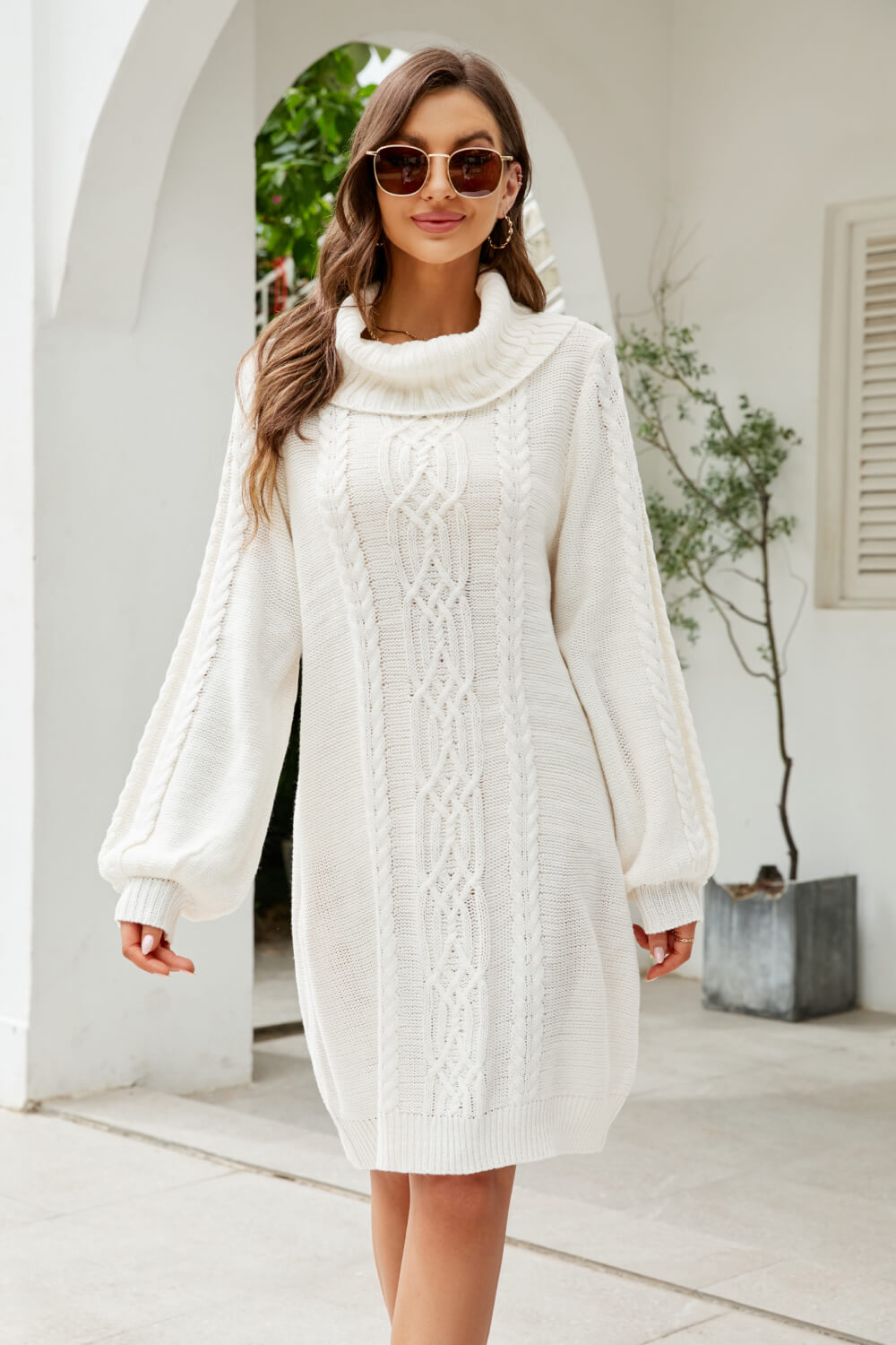 Woven Right Mixed Knit Turtleneck Lantern Sleeve Sweater Dress - The Boutie Shop