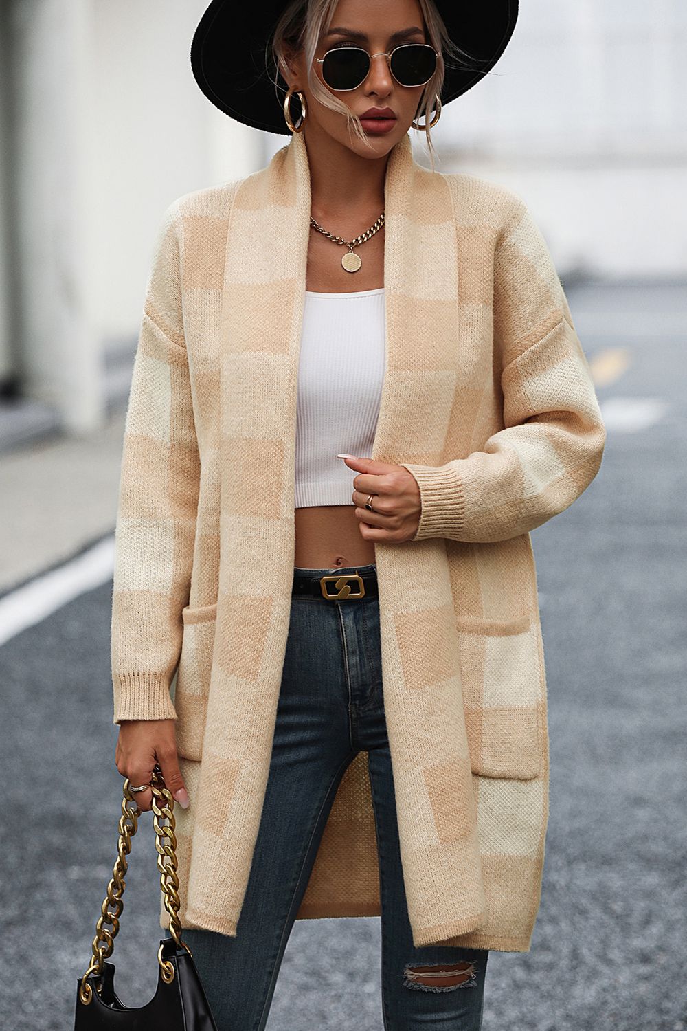 Plaid Dropped Shoulder Cardigan with Pocket - The Boutie Shop