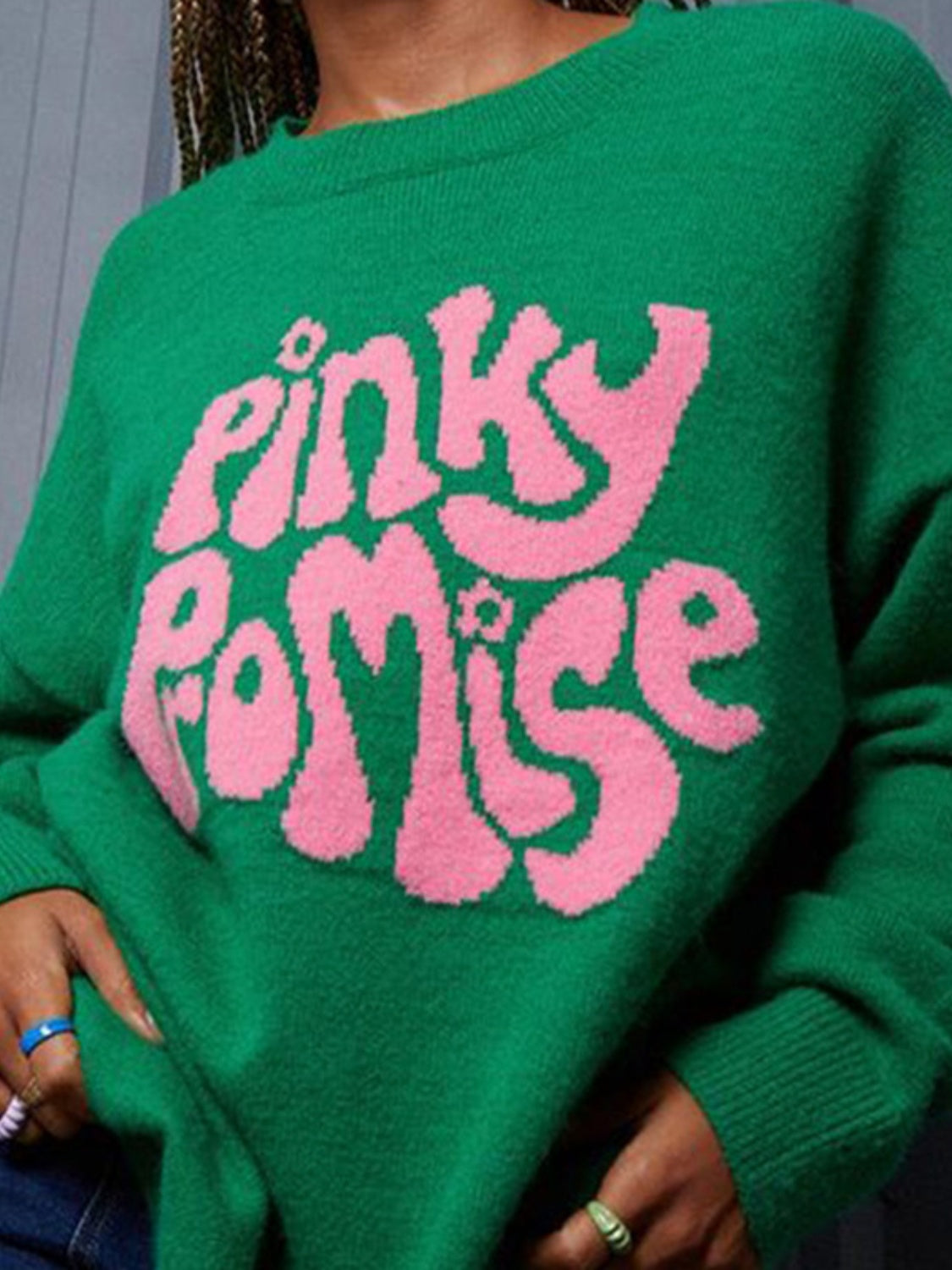 PINKY PROMISE Round Neck Drop Shoulder Sweater - The Boutie Shop