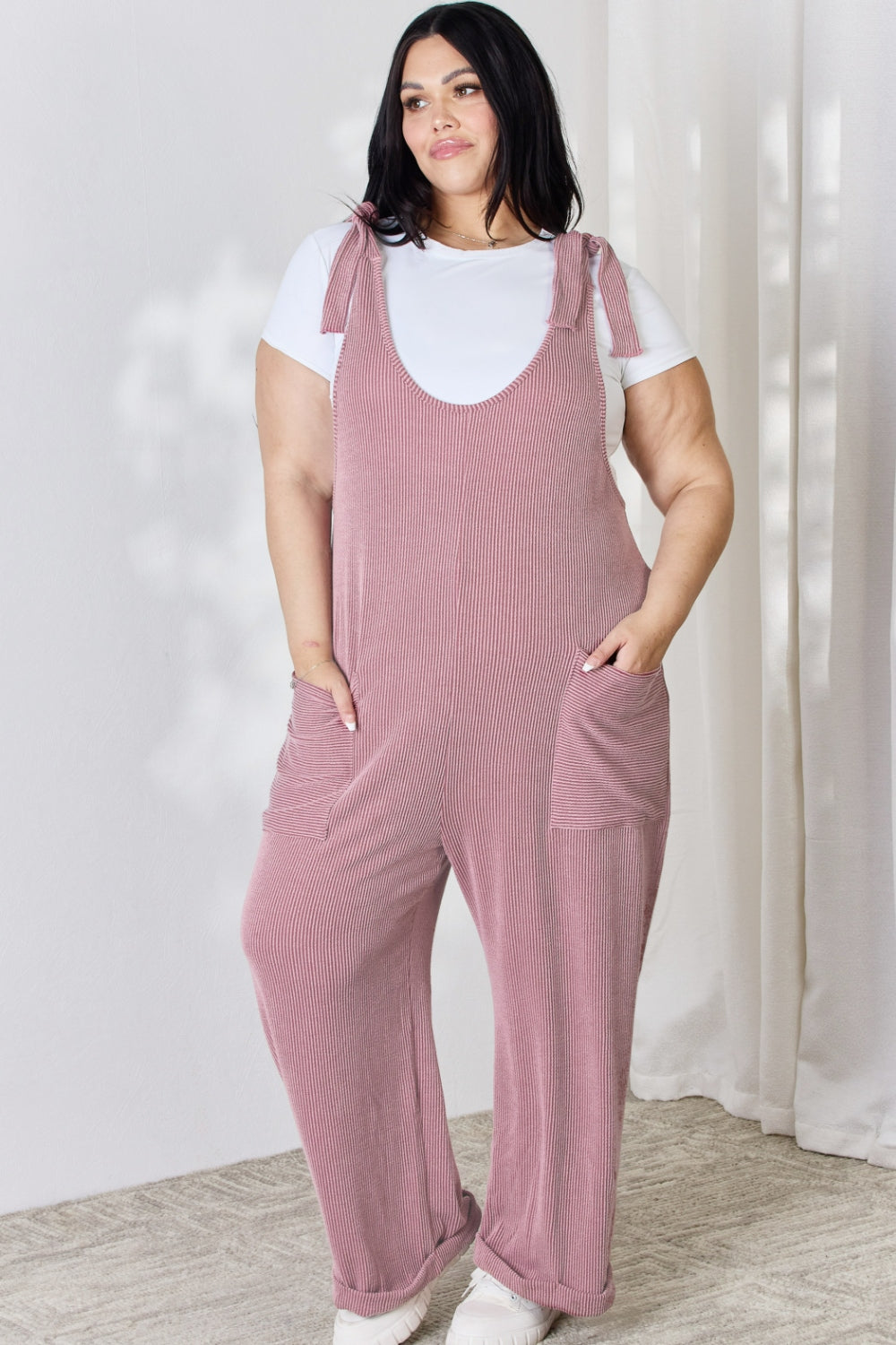 Celeste Full Size Ribbed Tie Shoulder Sleeveless Ankle Overalls - The Boutie Shop