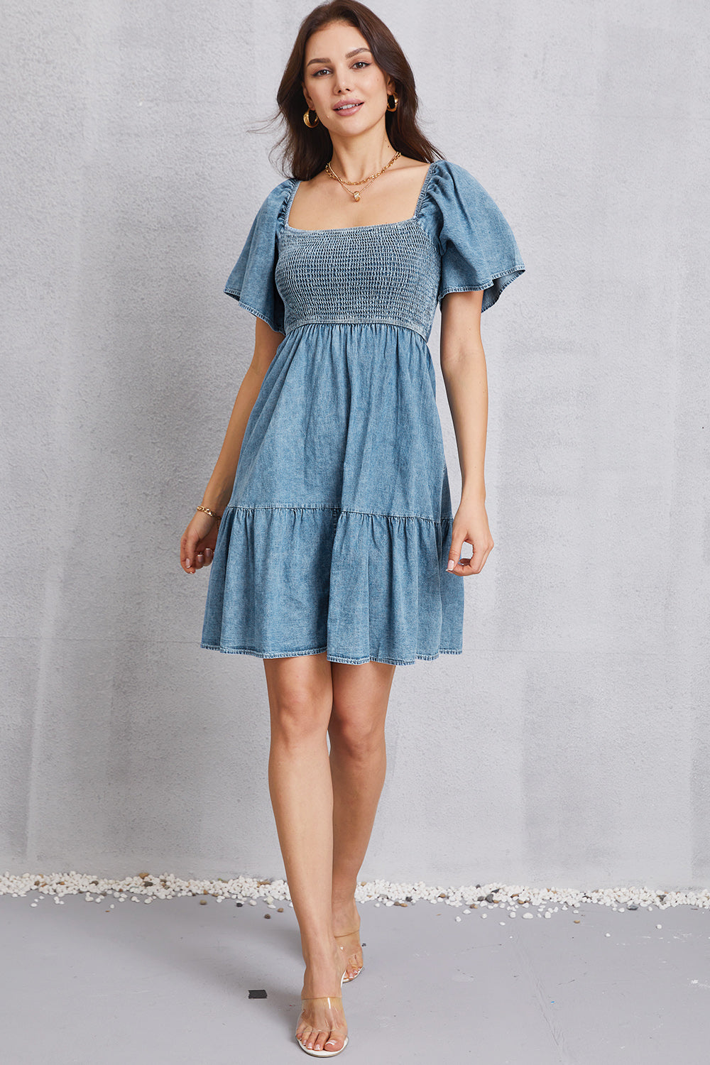 Smocked Square Neck Mini Denim Dress - The Boutie Shop