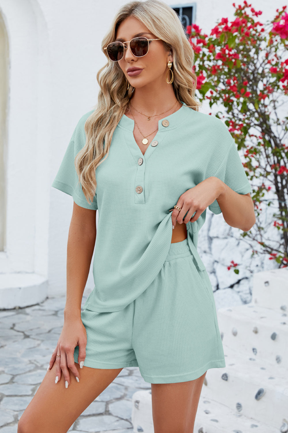 Notched Button Detail Dropped Shoulder Top and Shorts Set - The Boutie Shop