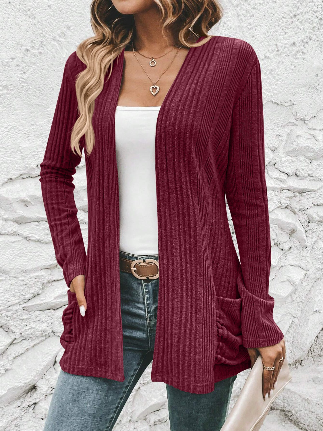 Ribbed Open Front Cardigan with Pockets - The Boutie Shop