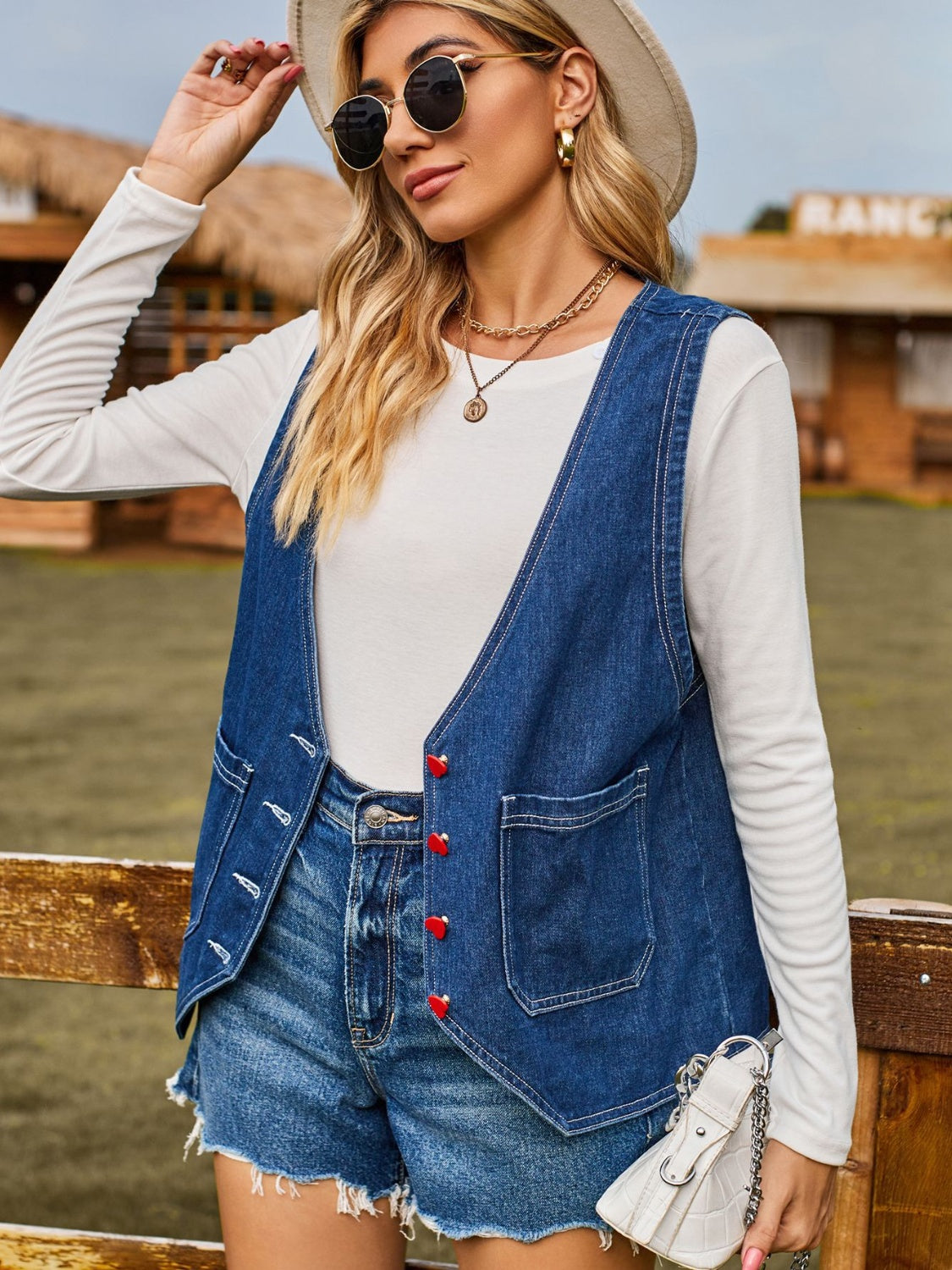 Pocketed Button Up Sleeveless Denim Jacket - The Boutie Shop