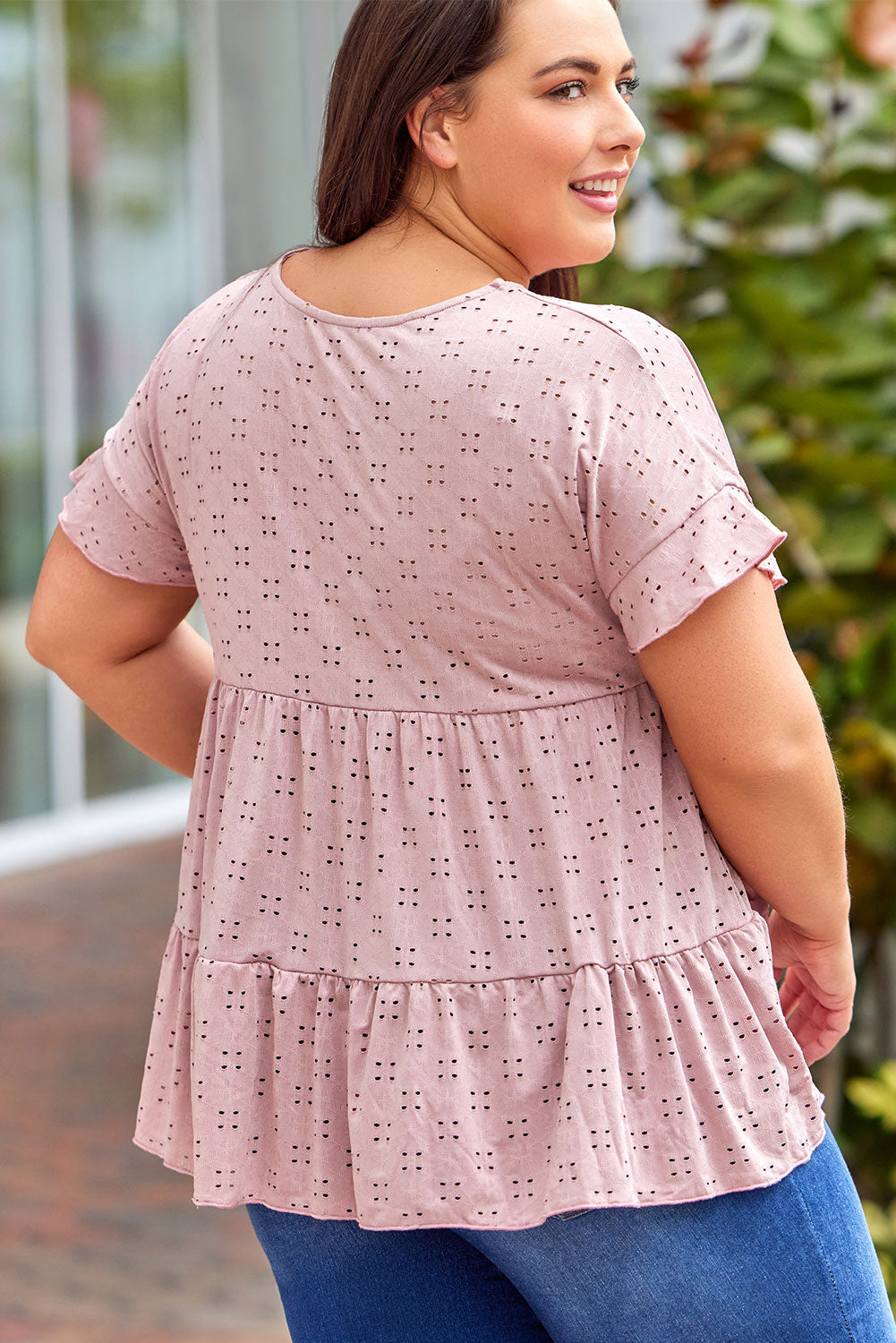 Plus Size Eyelet Round Neck Short Sleeve Blouse - The Boutie Shop