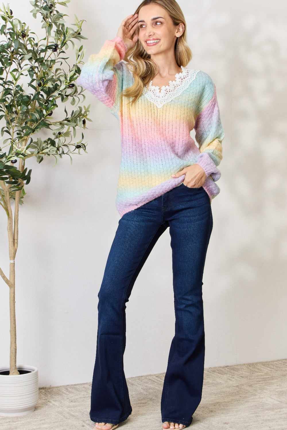 BiBi Rainbow Gradient Crochet Deetail Sweater - The Boutie Shop