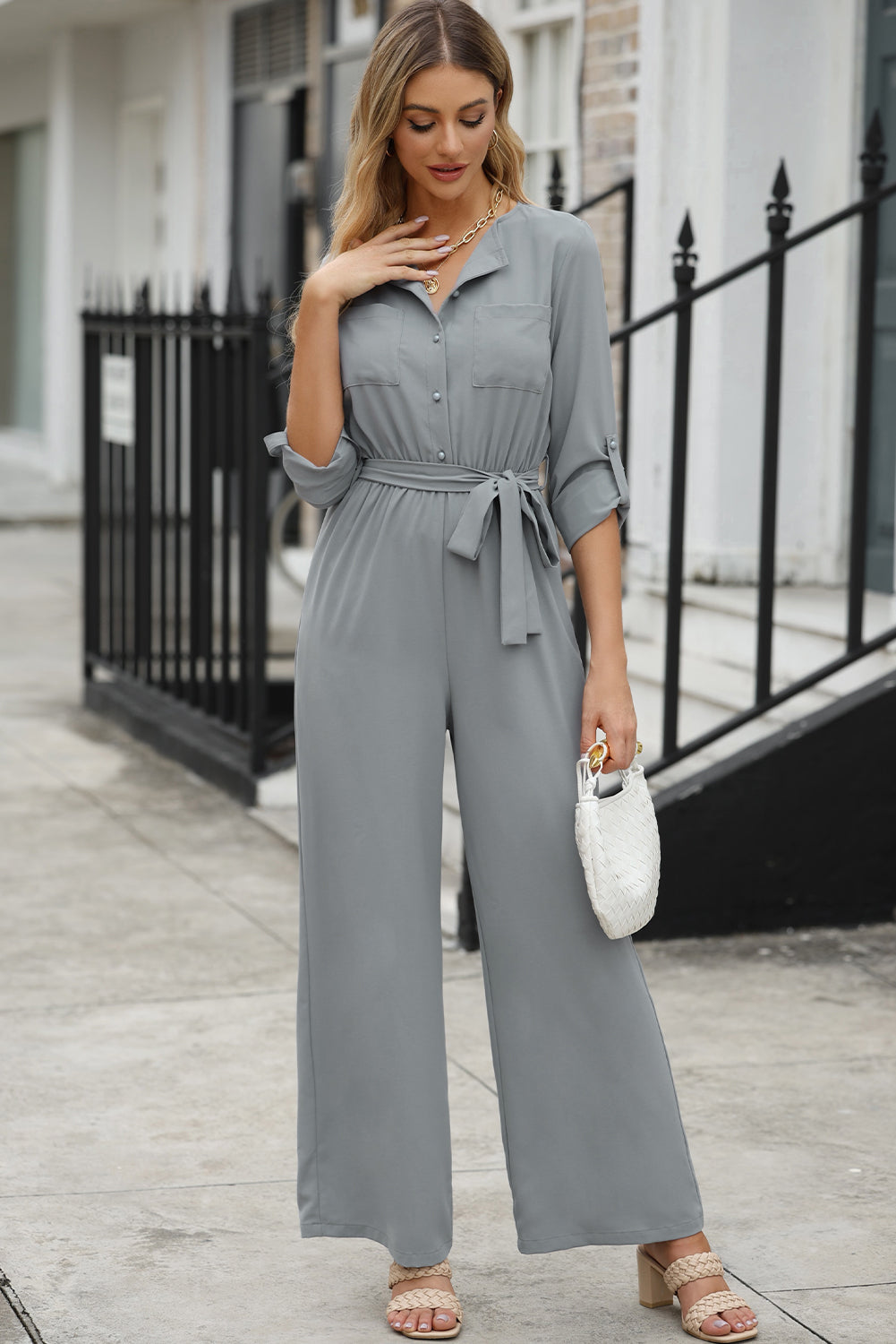 Pocketed Tied Wide Leg Jumpsuit - The Boutie Shop