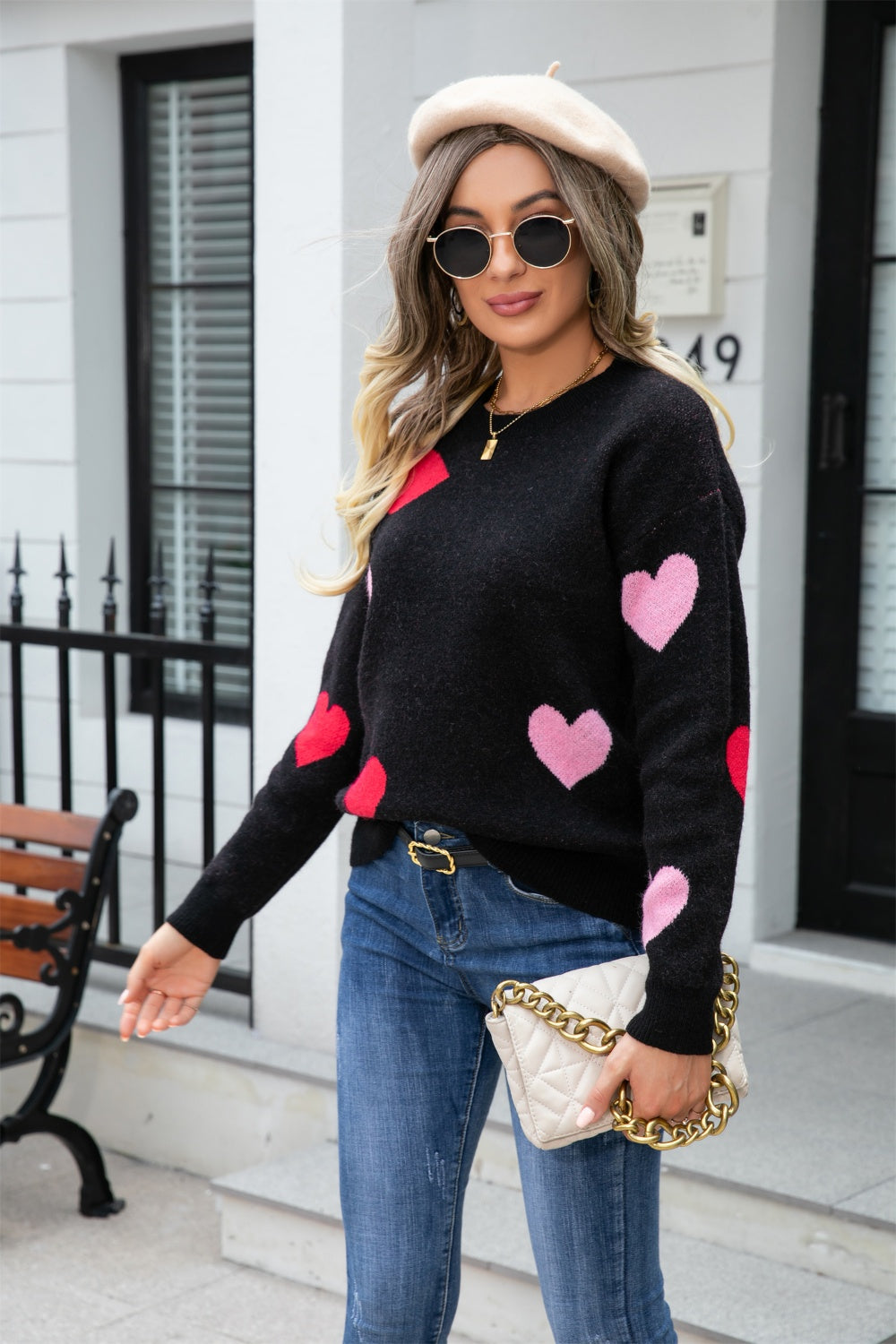 Angel Wings Heart Round Neck Droppped Shoulder Sweater - The Boutie Shop