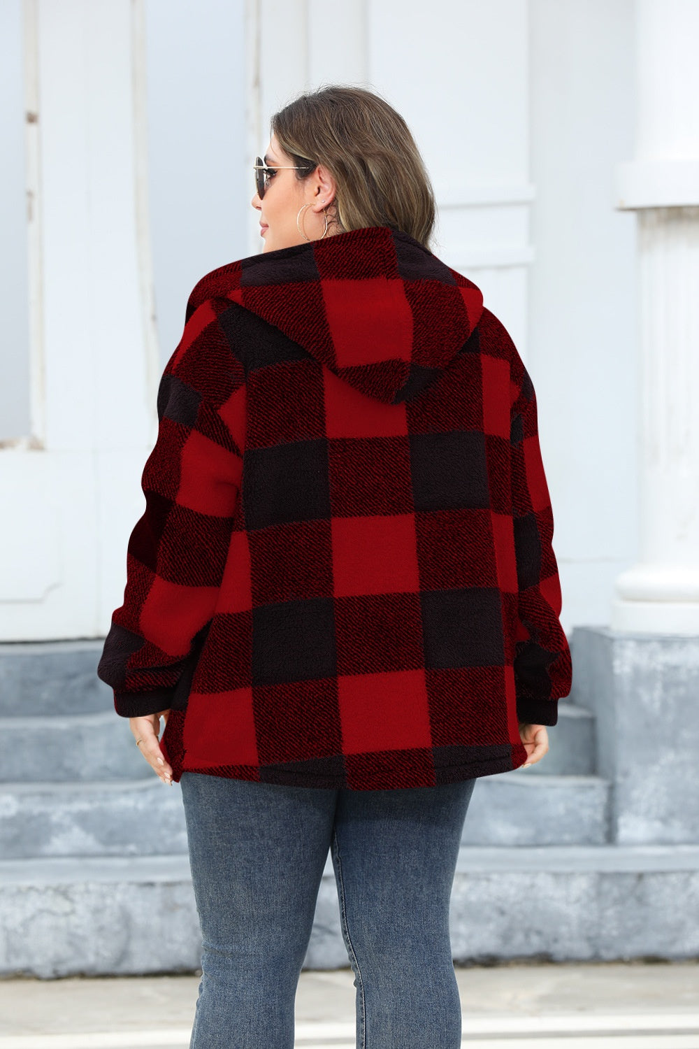 Plus Size Plaid Button Up Hooded Jacket