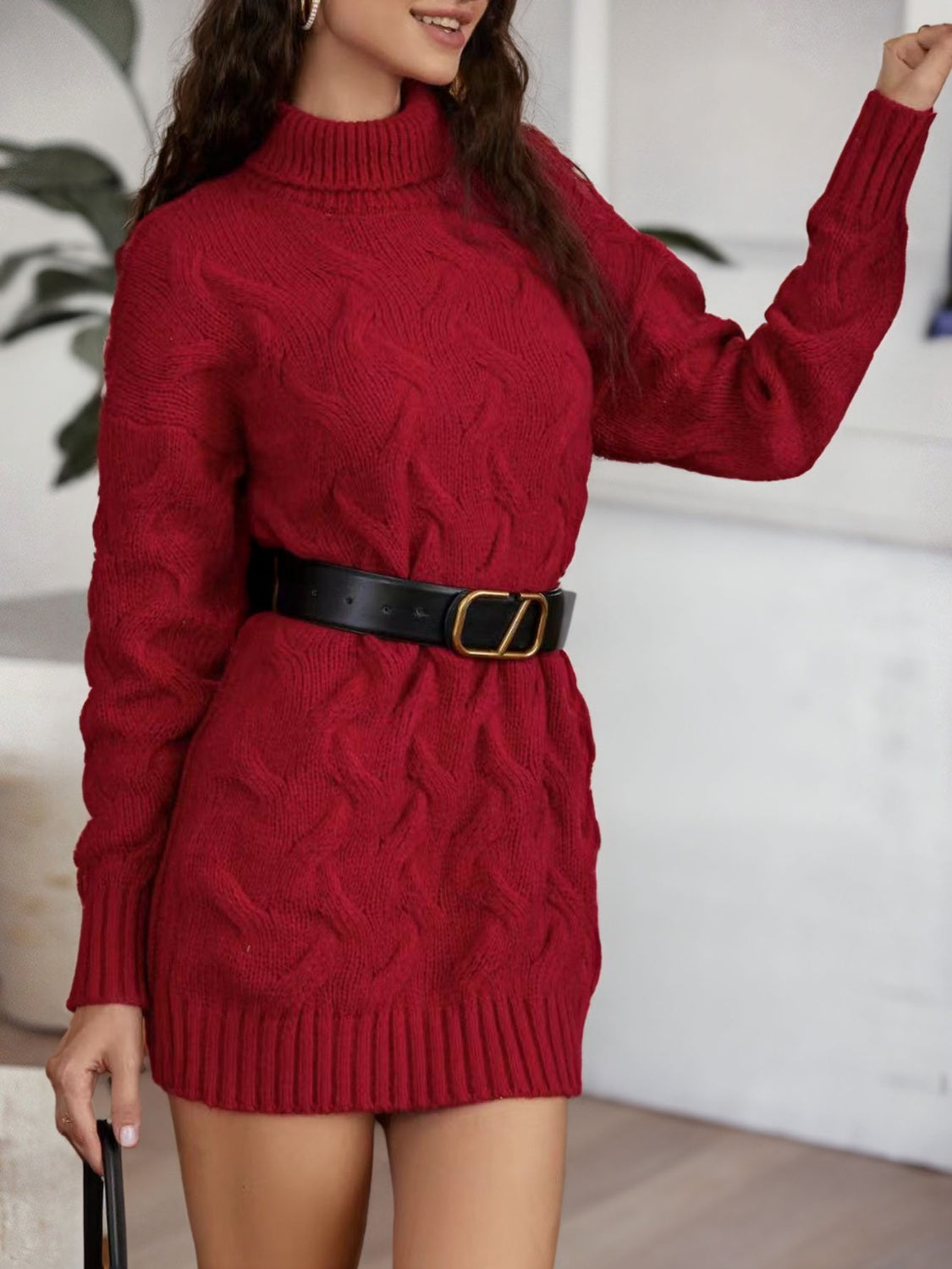 Cable-Knit Turtleneck Sweater Dress - The Boutie Shop