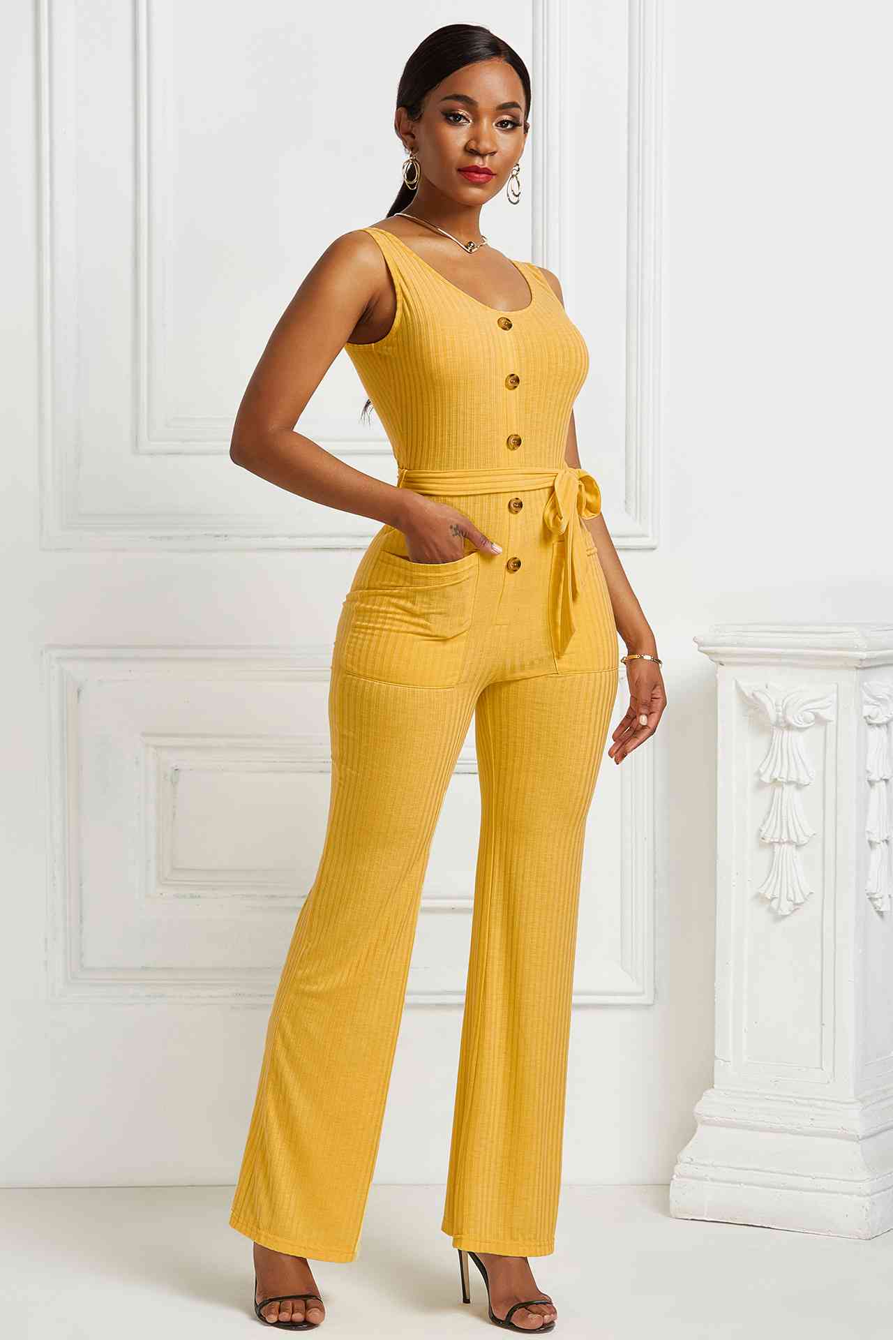 Button Detail Tie Waist Jumpsuit with Pockets - The Boutie Shop