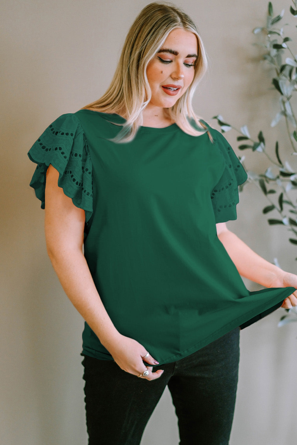 Plus Size Eyelet Round Neck Short Sleeve Blouse - The Boutie Shop