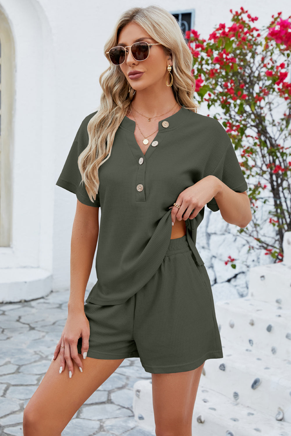 Notched Button Detail Dropped Shoulder Top and Shorts Set - The Boutie Shop