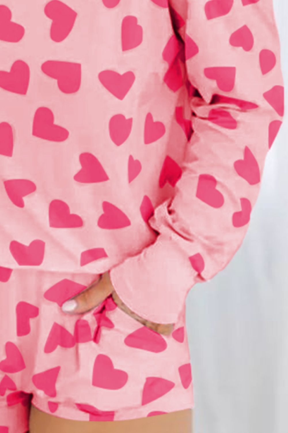 Heart Print Round Neck Top and Shorts Lounge Set - The Boutie Shop