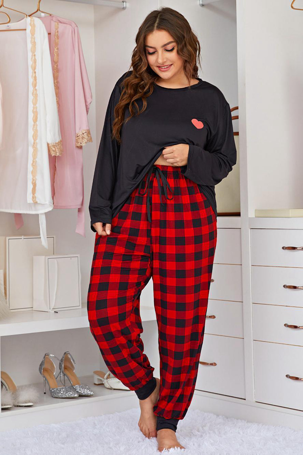 Plus Size Heart Graphic Top and Plaid Joggers Lounge Set - The Boutie Shop