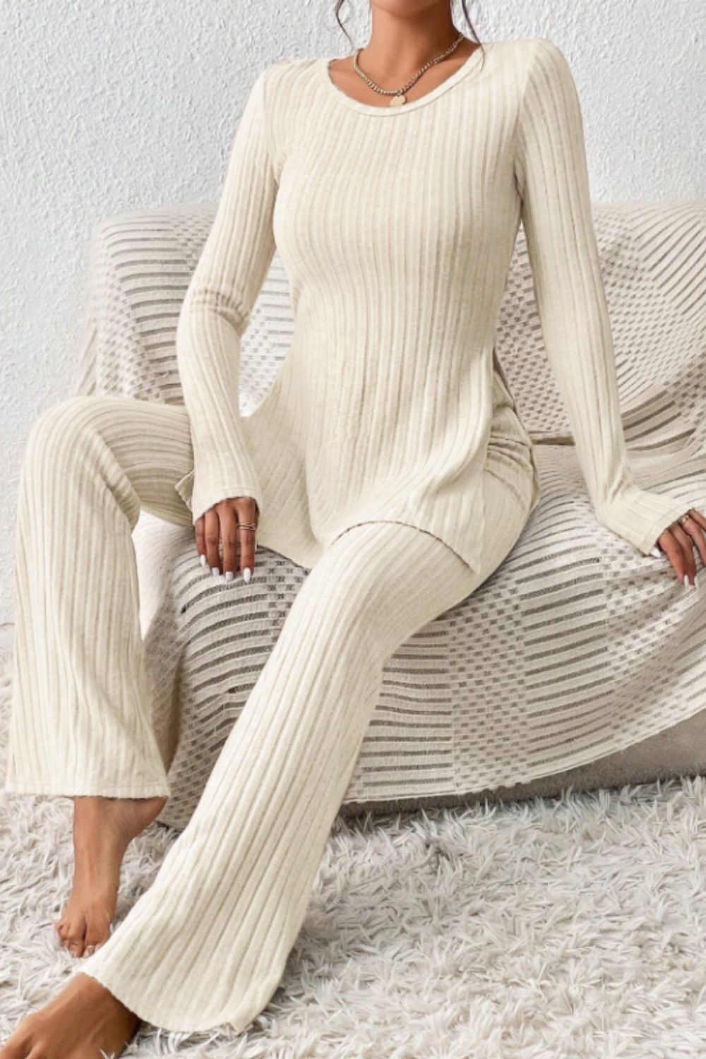 Ribbed Long Sleeve Slit Top and Bootcut Pants Set - The Boutie Shop