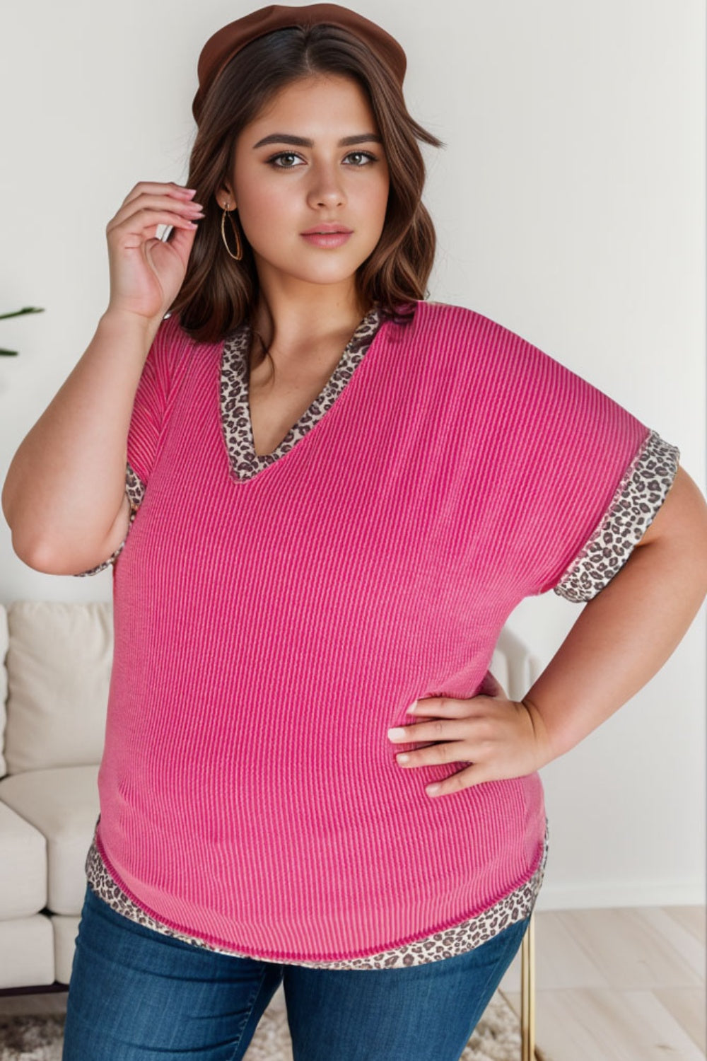 Plus Size Leopard V-Neck Short Sleeve T-Shirt - The Boutie Shop