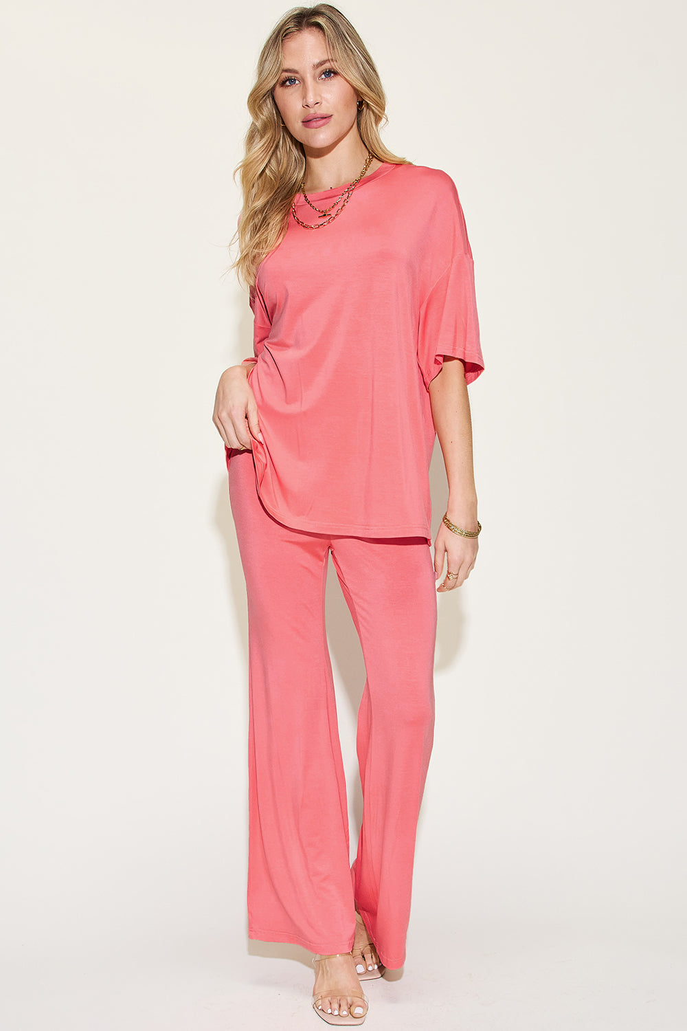 Basic Bae Full Size Bamboo Drop Shoulder T-Shirt and Flare Pants Set - The Boutie Shop