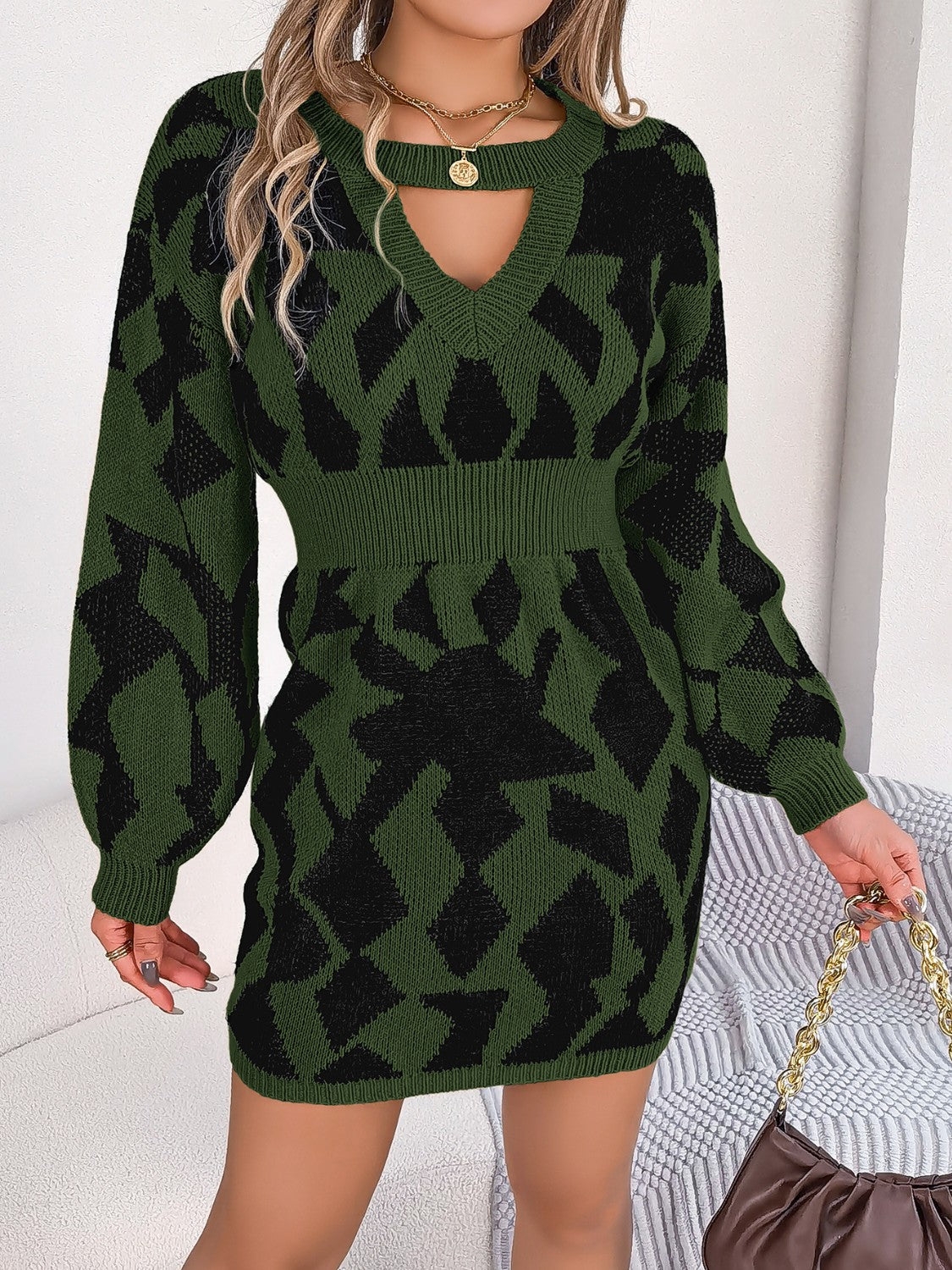 Contrast Round Neck Cutout Long Sleeve Mini Sweater Dress - The Boutie Shop