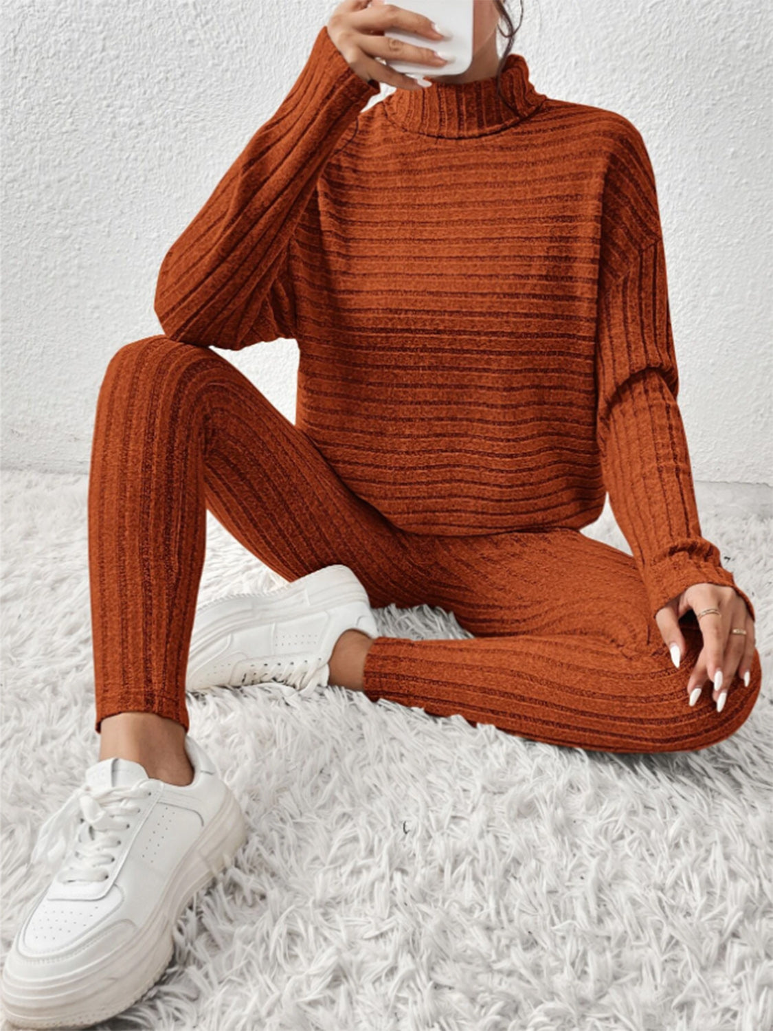 Ribbed Turtleneck Top and Pants Set - The Boutie Shop