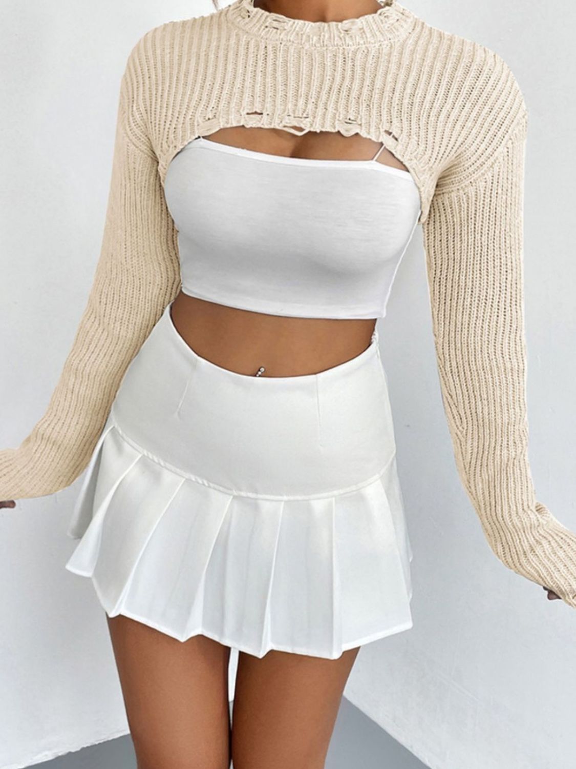 Distressed Long Sleeve Cropped Sweater - The Boutie Shop