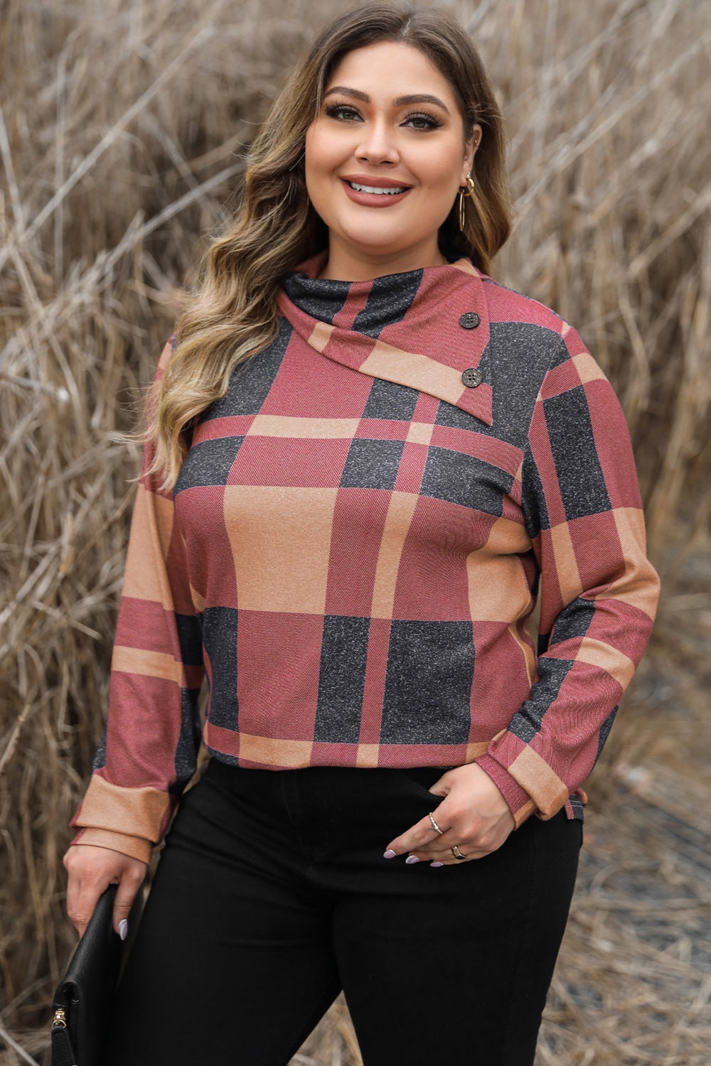 Plus Size Plaid Cowl Neck Long Sleeve Sweatshirt - The Boutie Shop