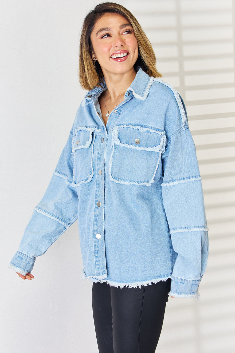 PEACE Raw Hem Dropped Shoulder Denim Top - The Boutie Shop