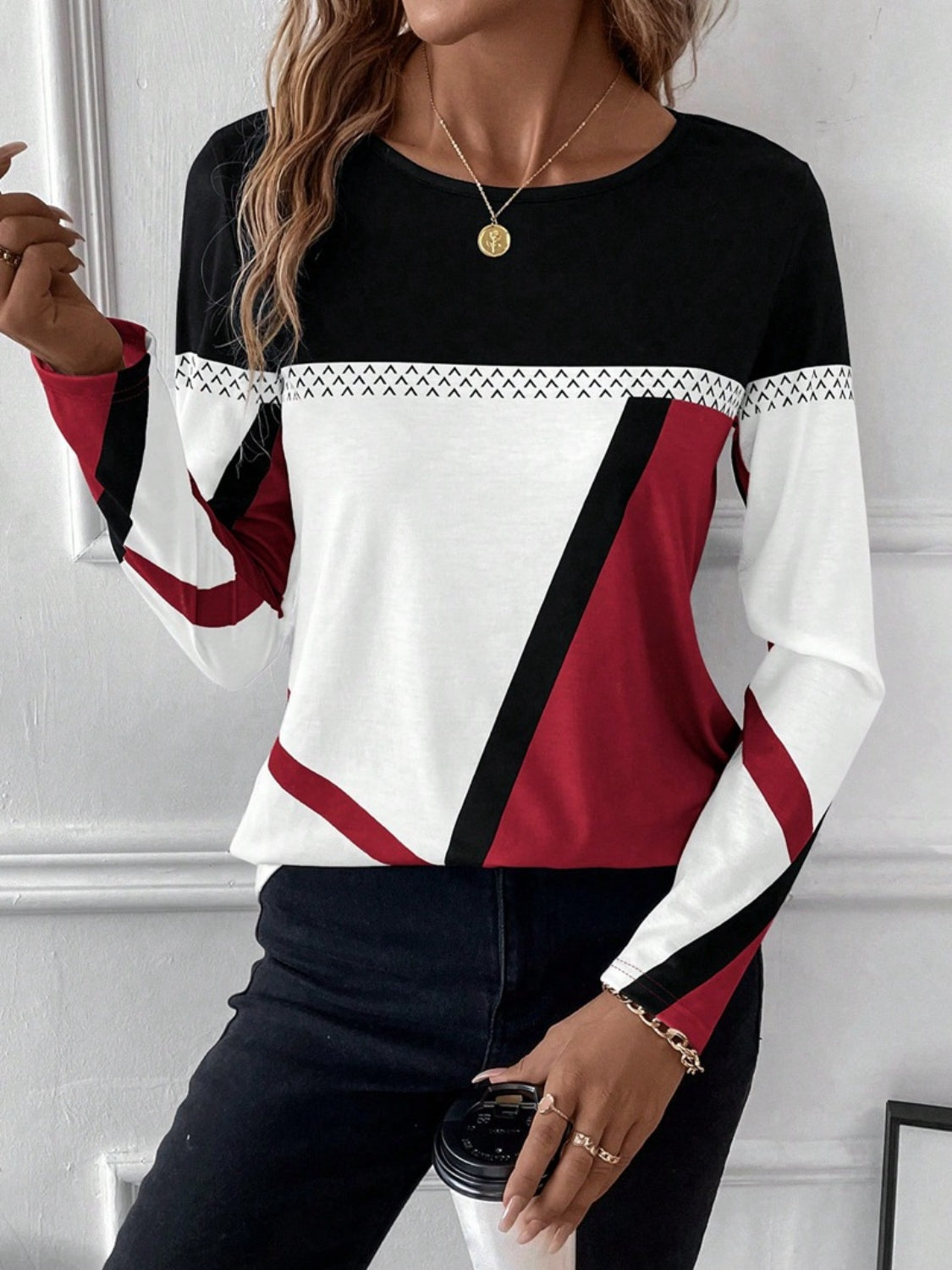 Contrast Round Neck Long Sleeve T-Shirt - The Boutie Shop