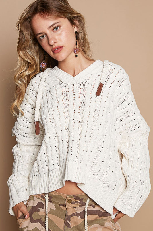 POL Rib Weave Sleeves Hooded Cable Knit Sweater - The Boutie Shop