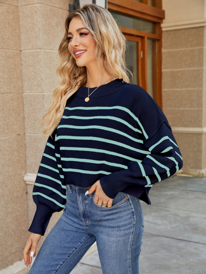 Round Neck Striped Lantern Sleeve Sweater - The Boutie Shop